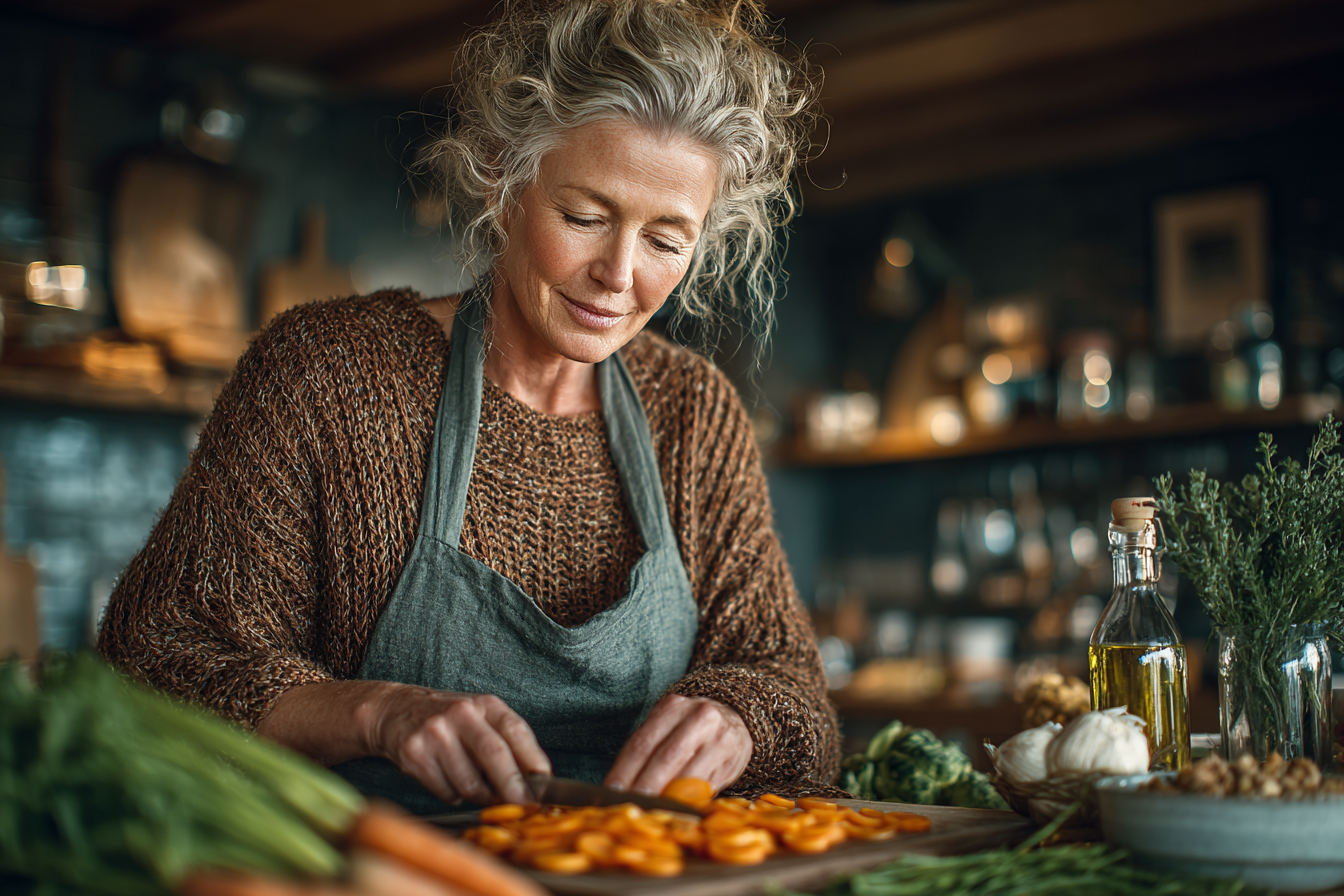 Літня жінка практикує йогу у природному середовищі